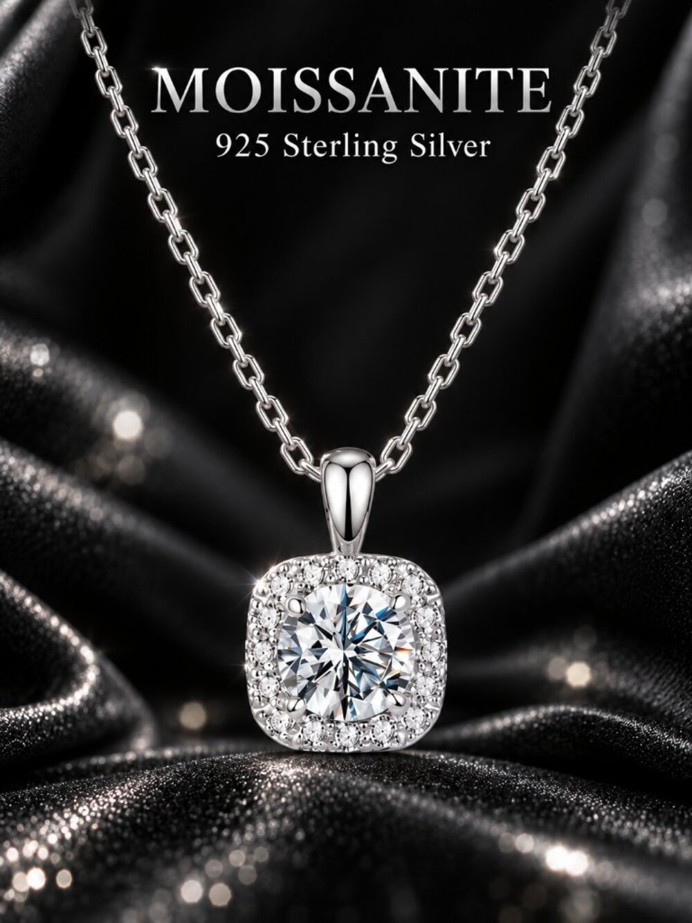 Moissanite Cushion Halo Necklace, 925 sterling silver, D Color VVS1